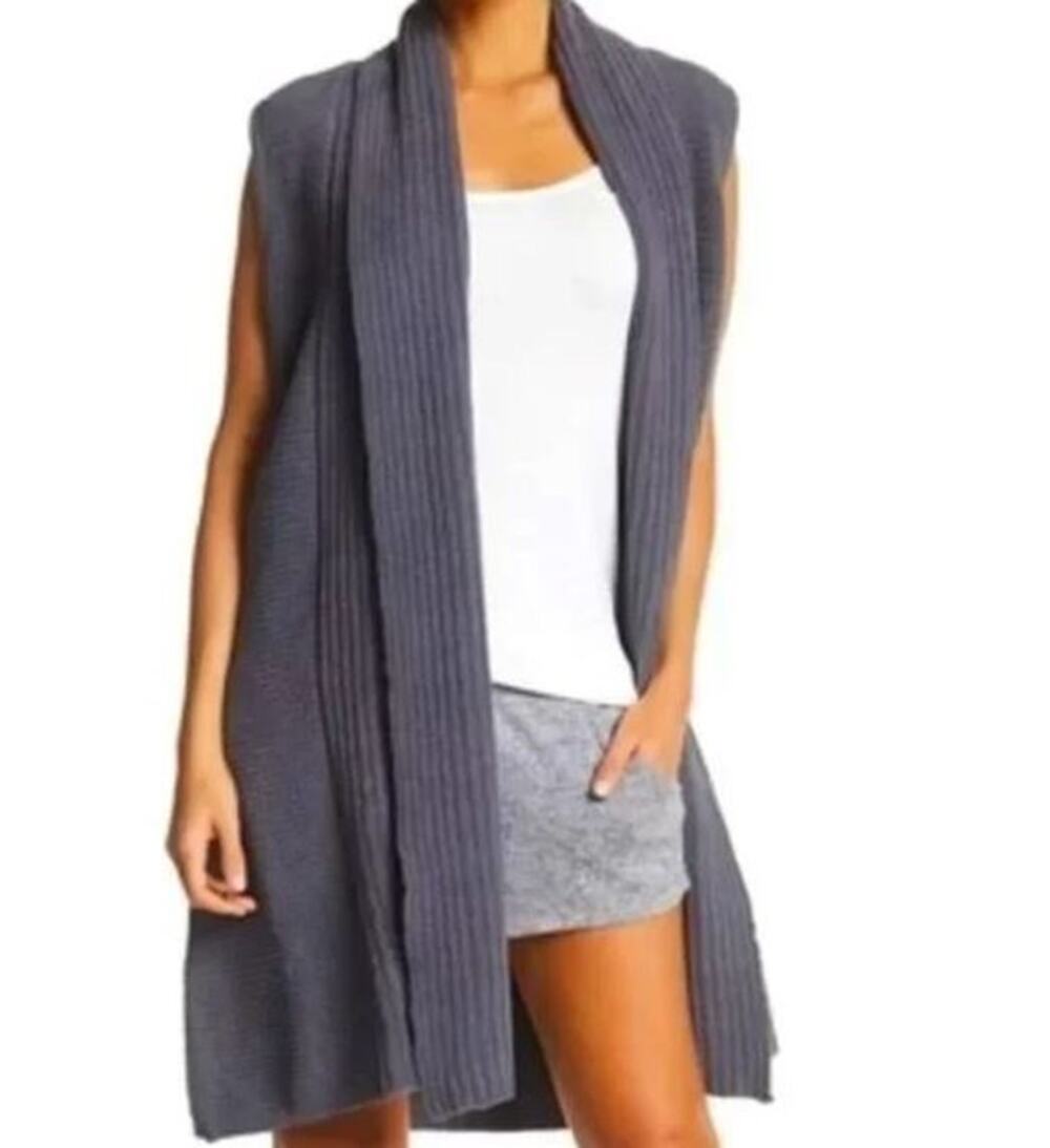 NATORI ultra soft plush sleeveless gray ribbed long open lounge sweater vest